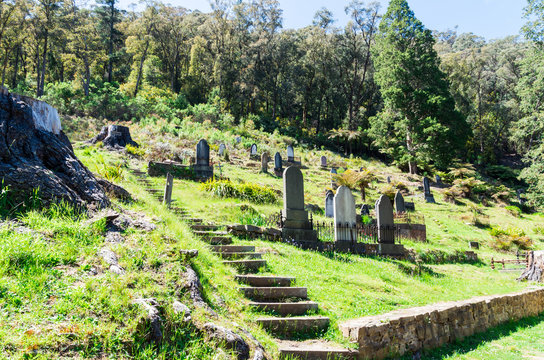 Gravestones at historic Walhalla Cemetery in Gippsland, Australia