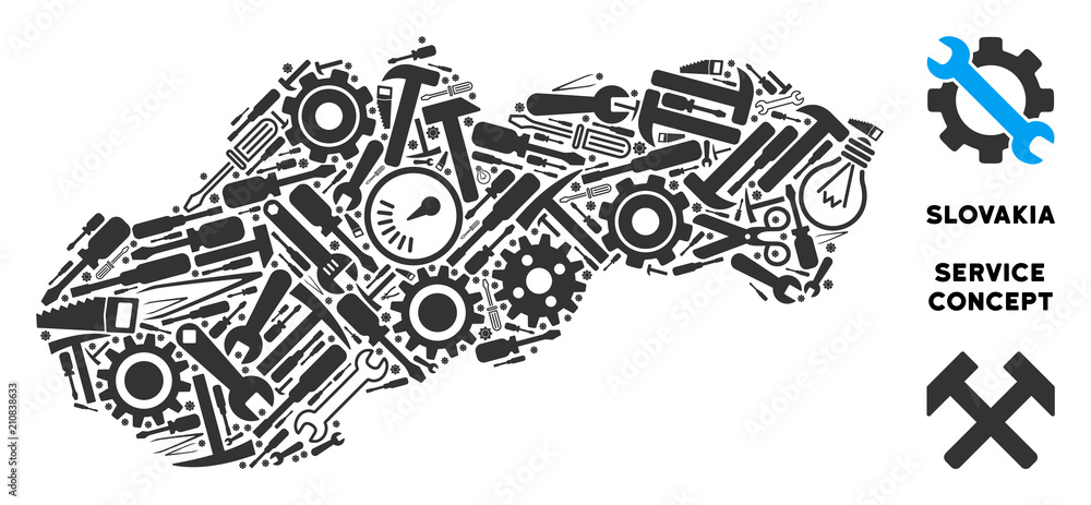 Poster service slovakia map mosaic of instruments. abstract territorial plan in gray color. vector slovakia