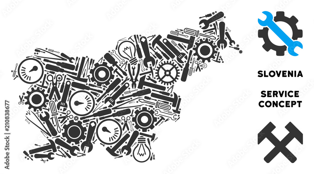 Poster repair service slovenia map mosaic of instruments. abstract geographic scheme in grey color. vector 