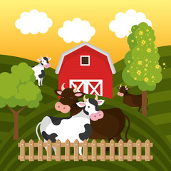 Obraz na płótnie Canvas cows in the farm scene vector illustration design