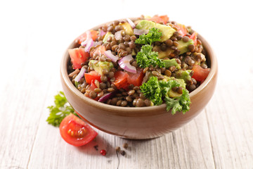 lentils salad with tomato, avocado and onion