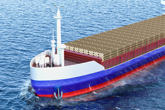 Timber export, wood trade from Russia concept. Russian freighter ship with wooden logs in ocean, 3D rendering