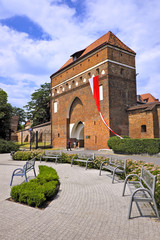 Torun, Poland - Historical Temple Gate of the Torun old town gothic defense walls by the Vistula river