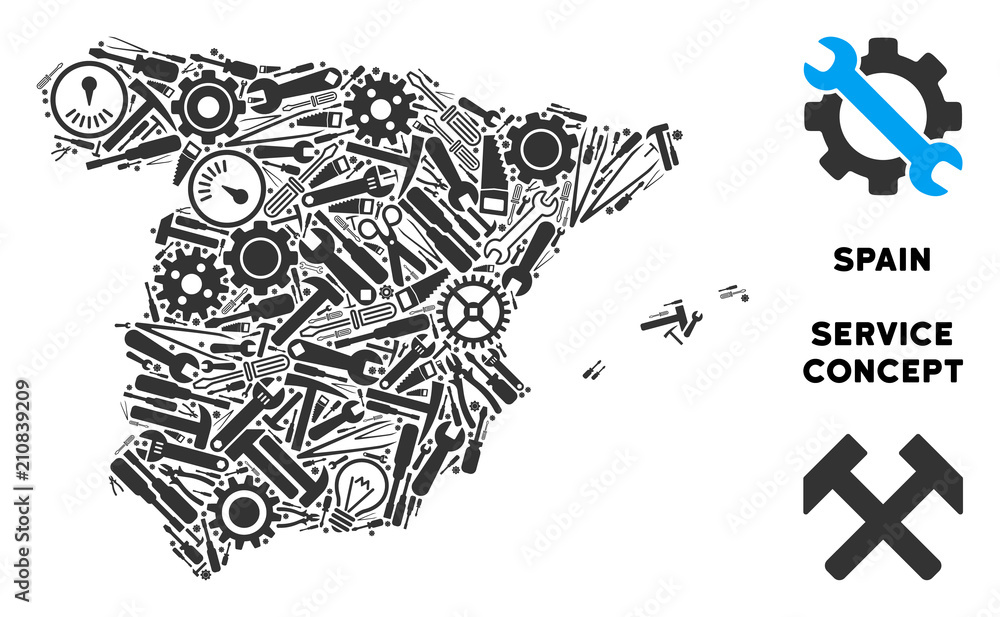 Poster repair workshop spain map mosaic of tools. abstract territory plan in grey color. vector spain map i