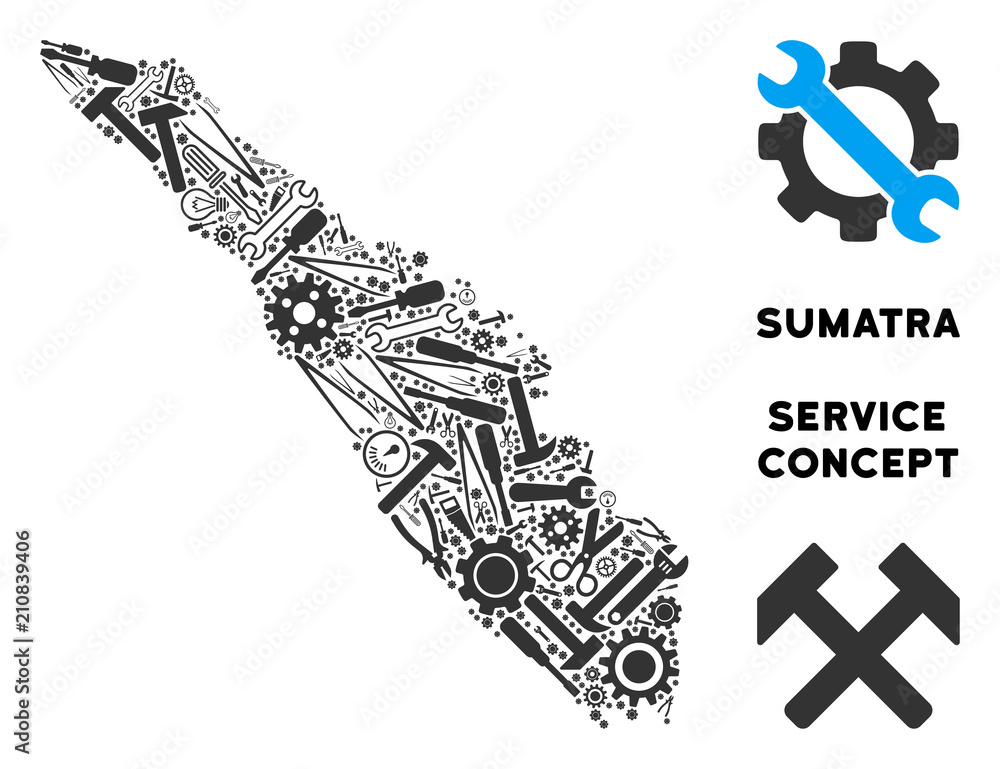 Poster repair service sumatra island map composition of instruments. abstract geographic plan in gray color