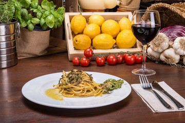 Spaghetti to asparagus Carbonara, typical italian dish