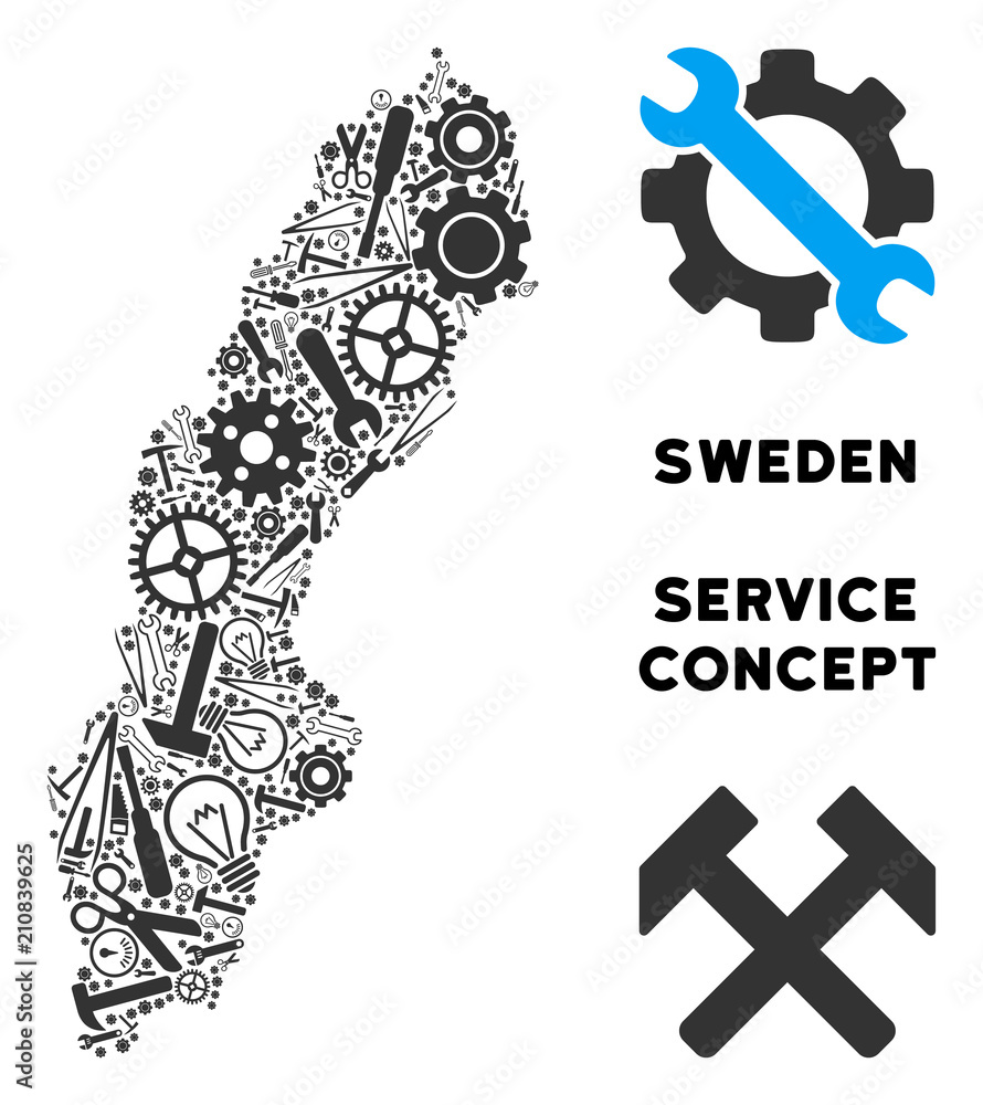 Poster repair workshop sweden map collage of instruments. abstract territorial scheme in gray color. vector