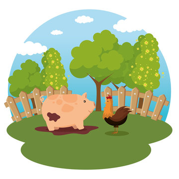 animals in the farm scene vector illustration design
