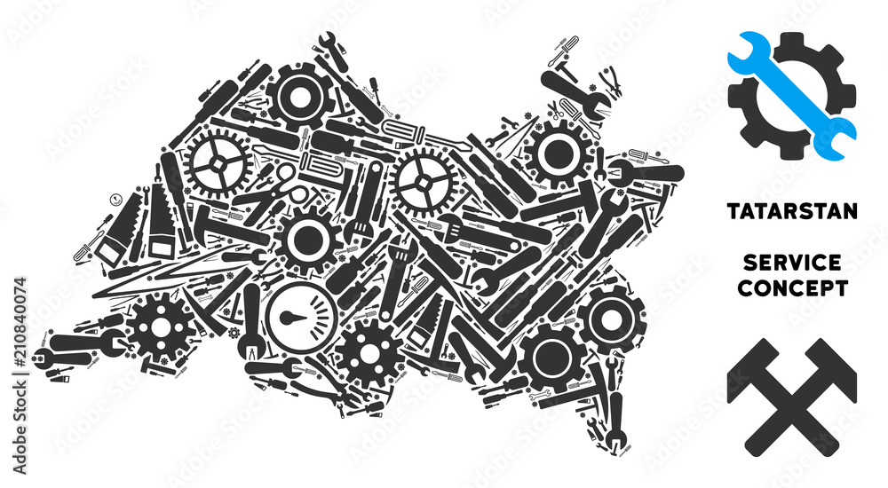 Poster repair workshop tatarstan map mosaic of tools. abstract territorial scheme in grey color. vector tat