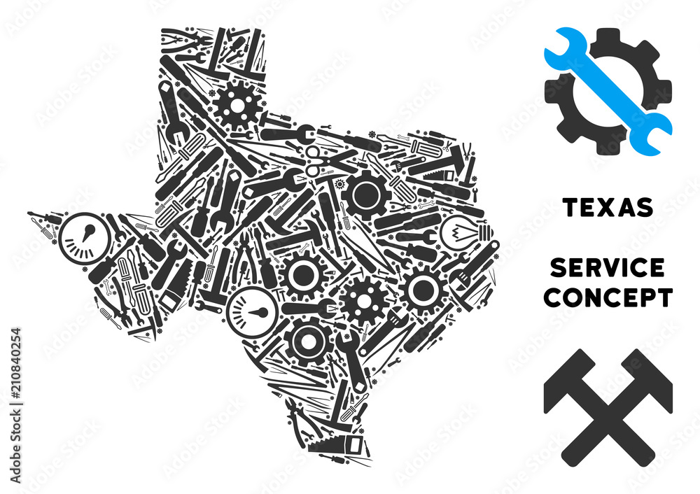 Poster service texas map mosaic of tools. abstract geographic scheme in gray color. vector texas map is mad