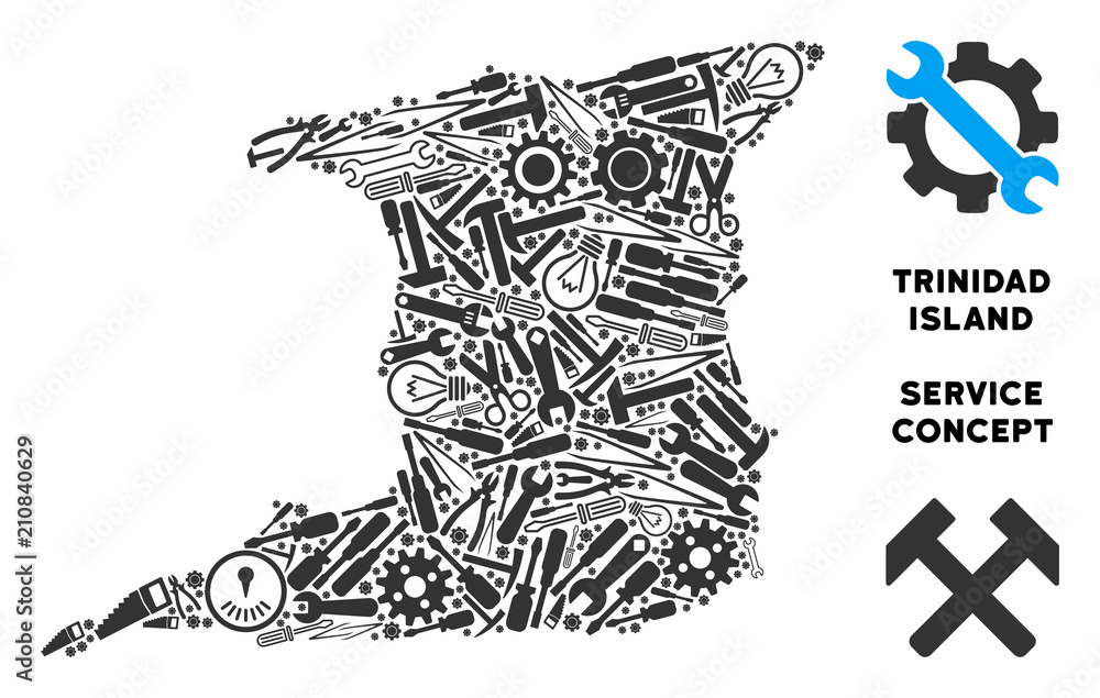 Poster service trinidad island map mosaic of tools. abstract territory scheme in grey color. vector trinida