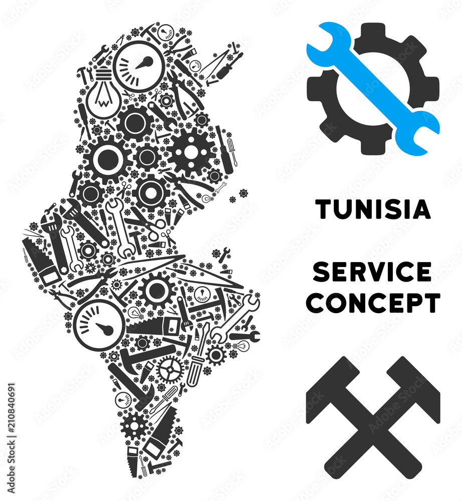 Poster service tunisia map collage of tools. abstract geographic plan in grey color. vector tunisia map is 