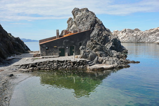 An old fishermen refuge in a cove of the Cap de Creus natural park, Cala Prona, Mediterranean sea, Spain, Costa Brava, El Port de la Selva, Catalonia