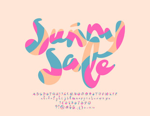 Vector colorful Summer Sign Sunny Sale. Handwritten Font with Graphic Style. Beautiful Alphabet Letters, Numbers and Symbols
