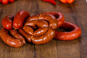 Pork sausages over wooden