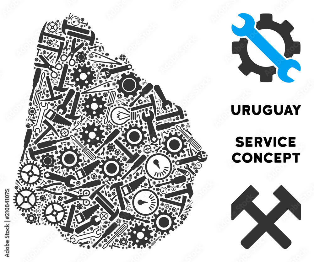 Poster service uruguay map mosaic of instruments. abstract territory plan in grey color. vector uruguay map