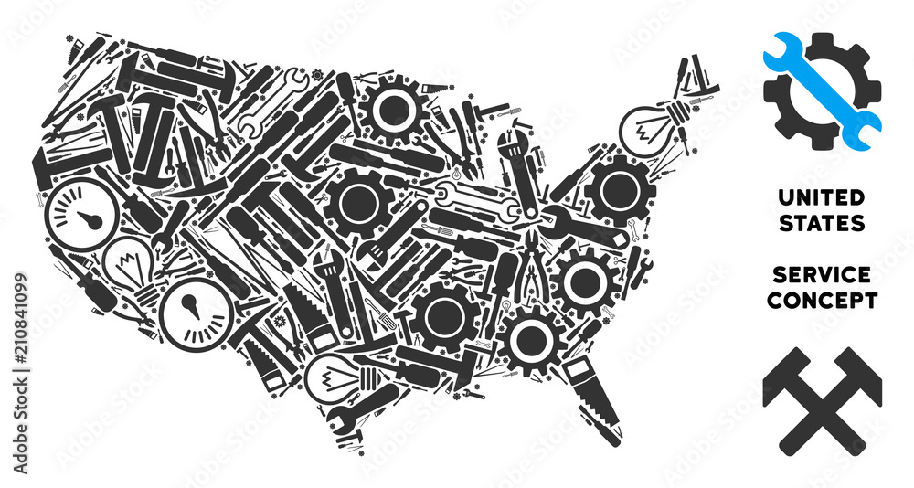 Poster service usa map collage of instruments. abstract territorial scheme in gray color. vector usa map is