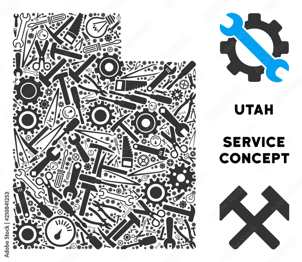 Aufkleber repair workshop utah state map collage of instruments. abstract territory scheme in gray color. vect