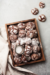 Chocolate brownie cookies in powdered sugar. Chocolate Crinkles.