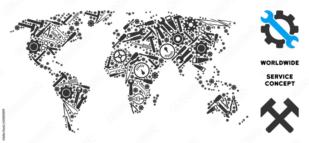 Poster service world map mosaic of instruments. abstract territory plan in gray color. vector world map is 