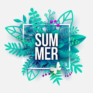 Trendy Summer Leaves and Plants. Abstract background with tropical foliage. Cut out paper art. Vector illustration. Banner with wite frame and lettering.