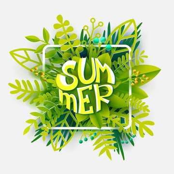 Trendy Summer Leaves and Plants. Abstract background with tropical foliage. Cut out paper art. Vector illustration. Banner with wite frame and lettering.
