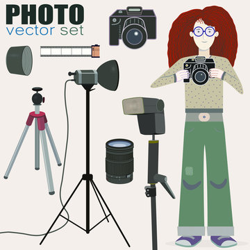 Nice vector collection of photo equipment (camera, film 35mm, flash, lightning equipment, lens, lens hood, tripod) and a bonus - red-haired girl photographer! Suitable for web or printed production.  