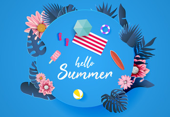 Hello summer background. Top view summer background vector in beach with umbrellas, balls, swim ring, sunglasses, surfboard, hat, sandals, juice, starfish and sea. 
