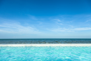 Fototapeta na wymiar View of nice Tropical beach blue ripple curl water in swimming pool with sky and Horizon at spa resort in Hua Hin Thailand. Holiday and vacation relaxing concept.Blue sea ocean water