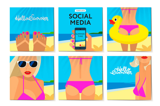 Social media templates Summer Time, holiday and vacation on the beach. Modern promotion web banner for social media mobile apps, vector illustration in flat style.