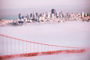 San Francisco Golden Gate bridge on foggy day dramatic evening light view from Marin Headland side © PixHound