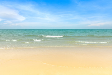 Fototapeta na wymiar Empty beach blue sea. View of nice tropical beach Horizon with sky and Cream color sand with palms around at Hua Hin Thailand. Holiday and vacation concept.