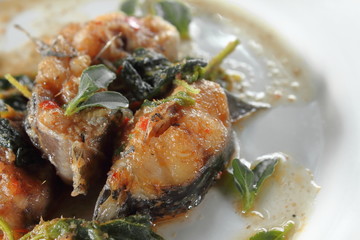 Spicy Fried Catfish with basil food in thai