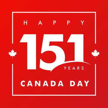 151 years anniversary, Happy Canada Day red banner. Canada Day, national holiday with vector text and red maple leaf. Celebrating Canadian anniversary of independence of 1867 years