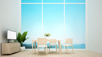 Dining room or restaurant and island view in home or hotel - Dining room and sea view artwork for summer or holiday - 3D Rendering