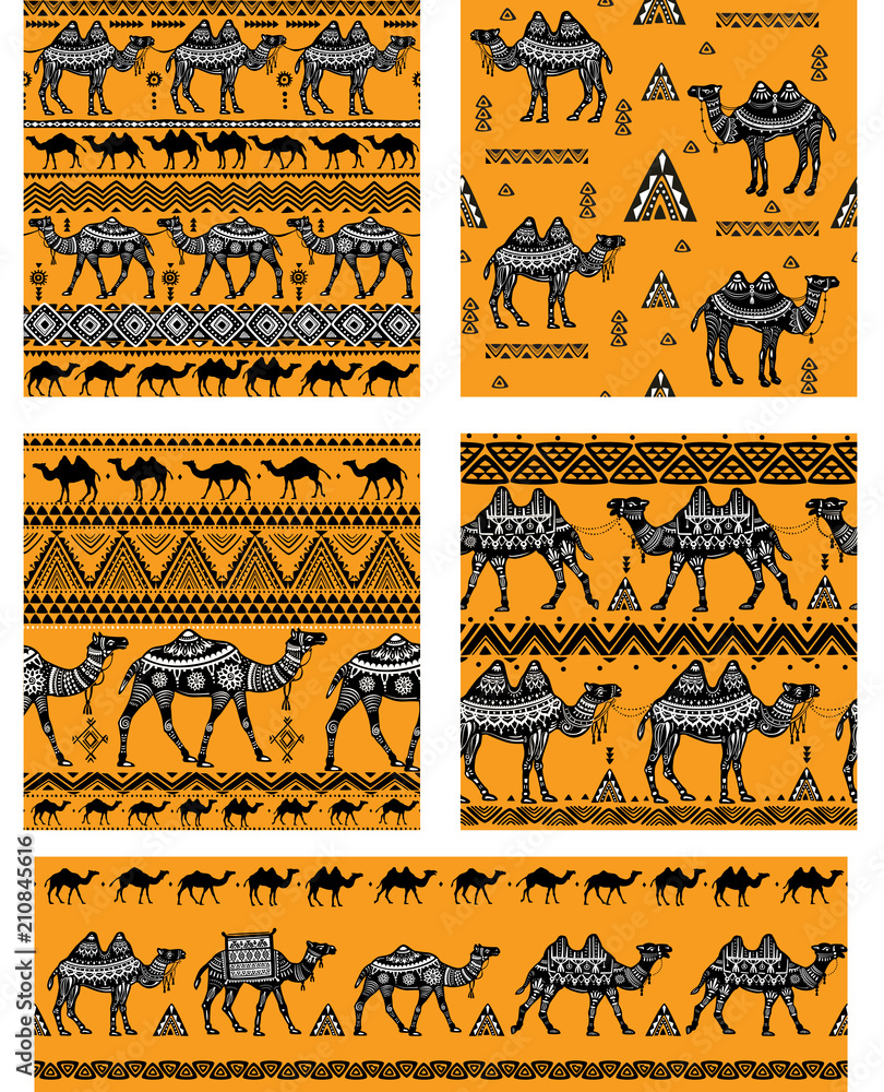 Wall mural Set of Seamless pattern with camels