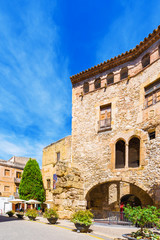 Fototapeta na wymiar TARRAGONA, SPAIN - SEPTEMBER 17, 2017: View of a historic building in the city center. Vertical. Copy space for text.