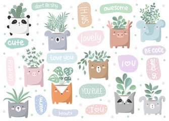 Vector set of cute stickers with house plant in funny animal pot