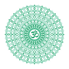 Mandala in green tones with the Aum / Om / Ohm sign. Openwork ornament. Vector drawing.