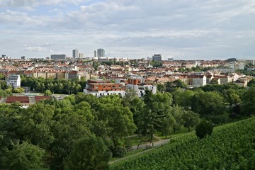 Fototapeta na wymiar Panoramic view of Prague city from Grebovka park with old and modern buildings with red roofs, green trees, summer day with white clouds