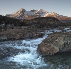 River Sligachan in Glen Sligachan with the Black Cullin mountain range  behind on the Isle of Skye