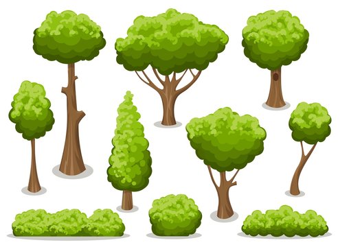 Cartoon bush and tree set. Vector trees and bushes isolated on white background, nature green forest plants for hedge or cute landscape