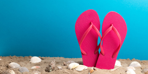 pink flip flops with blue background and shellfish