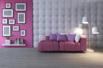 3d rendering image of interior design living room.pink heart pillow on sofa set place on the wooden floor which have photo frames on the concrete and leather wall as background.