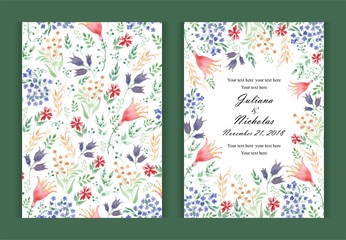 Watercolor flower  background border. Invitation card for a birthday or wedding. Floral patterns. Size: 5" x 7".  The front and back side. Red tulips, chamomile, leaves. Summer ornament.