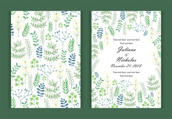 Watercolor background in nature style green. Invitation card for a birthday or wedding. Elements of leaves and tree branch. Size: 5" x 7".  The front and back side. Summer ornament.