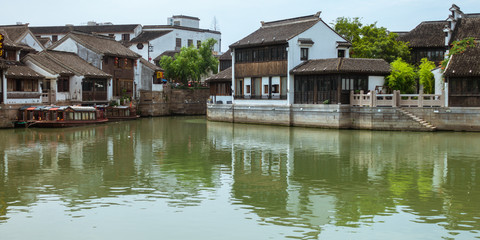 Fototapeta na wymiar Traditional Architecture and Beautiful Scenery in Shan Tang Jie in Suzhou, China on June 2nd, 2018