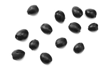 Marinated black olives isolated on white background. top view