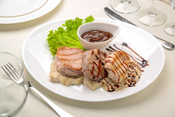 Grilled Chicken Steak in mushroom's sauce Fried Potato Wedges,