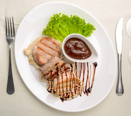 Grilled Chicken Steak in mushroom's sauce Fried Potato Wedges,